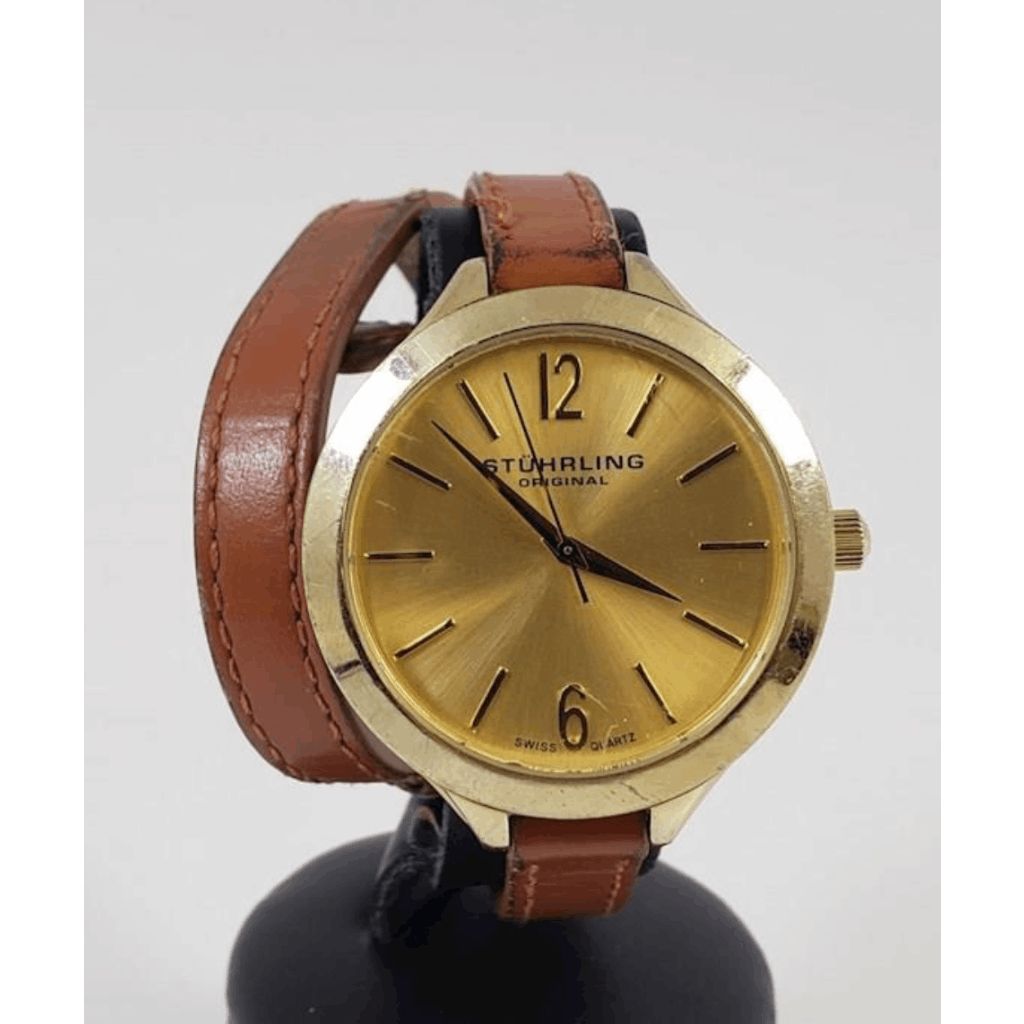 Stuhrling Soiree Deauville 23k Gold Fused Ss Sport Watch, Leather Wrap Band